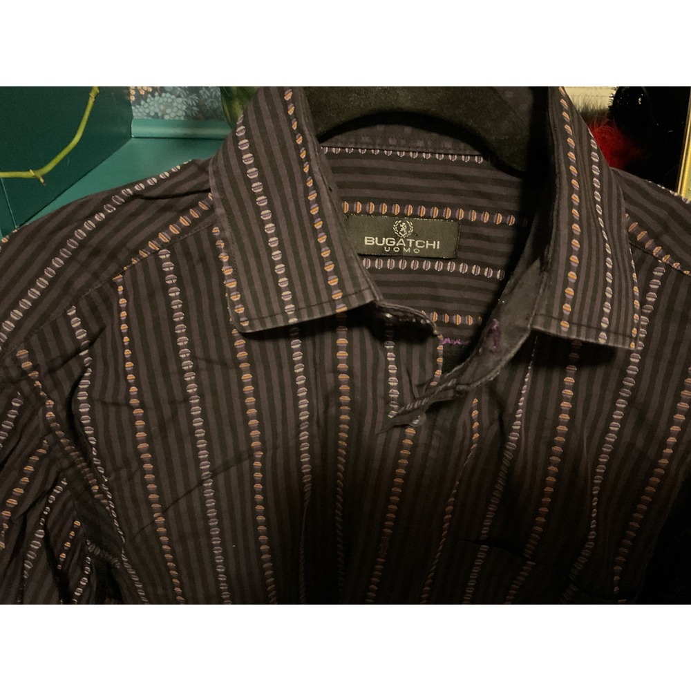 Bugatchi Uomo Mens Black Striped Long Sleeve Button Down Shirt Geometric Dots